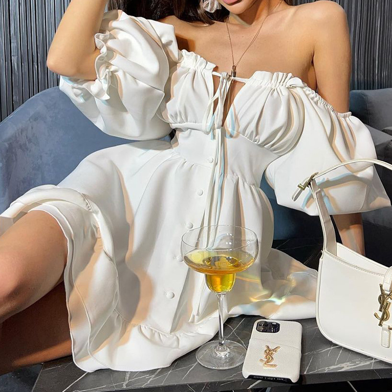 Women's Off Shoulder Mini Dres - Off Shoulder Puff Sleeve Sundress recension och pris