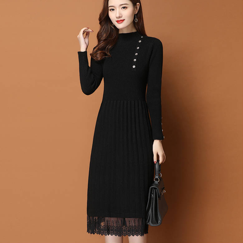 Lace Hem Buttons Women Autumn  - Bodycon Long Sleeve Ribbed Dress recension och pris