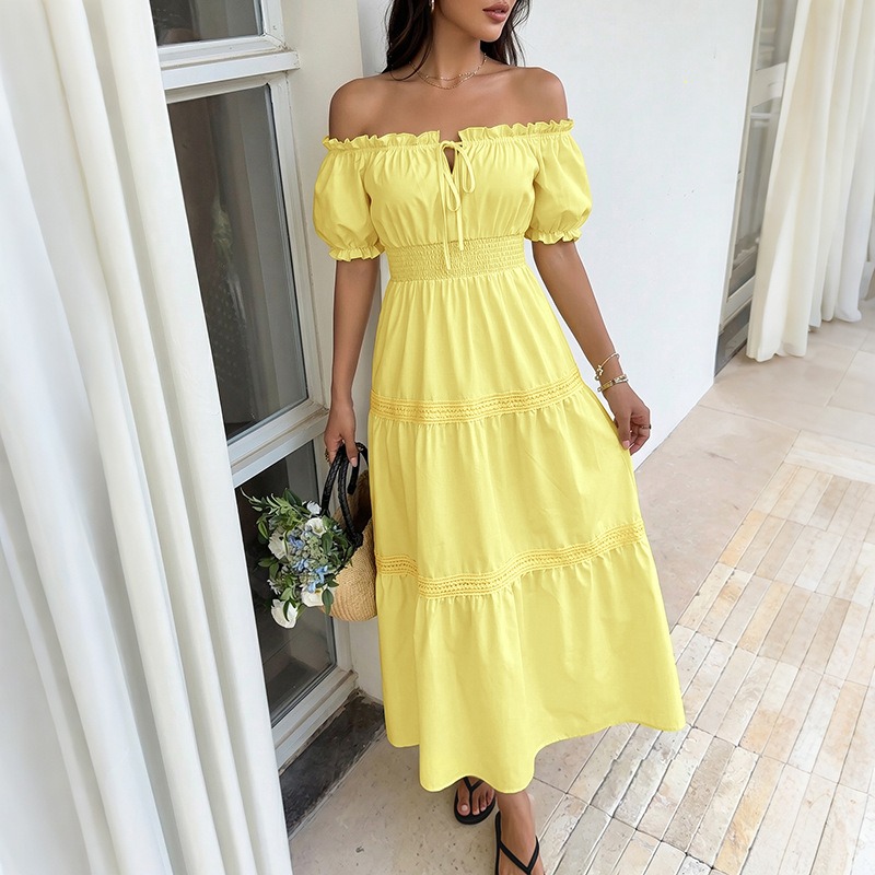 Summer Bohemian Women Yellow O - Off Shoulder Puff Sleeve Sundress recension och pris