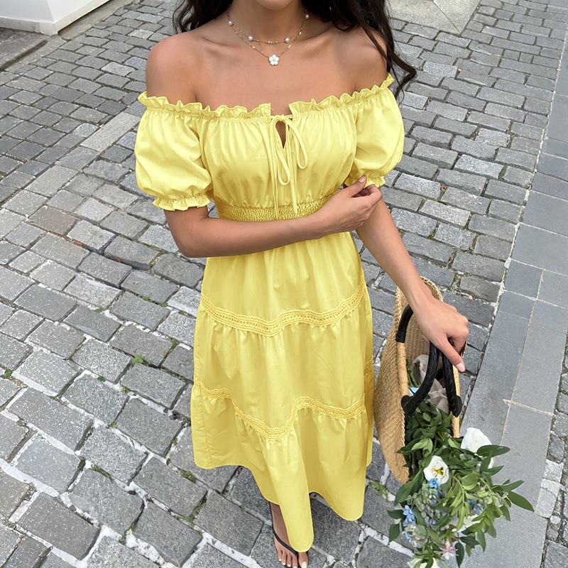 Summer Bohemian Women Yellow O - Off Shoulder Puff Sleeve Sundress recension och pris