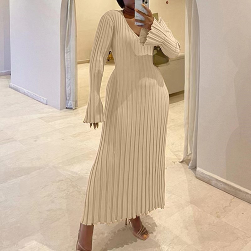 Woman's Autumn V-Neck Knit Ski - Bodycon Long Sleeve Ribbed Dress recension och pris