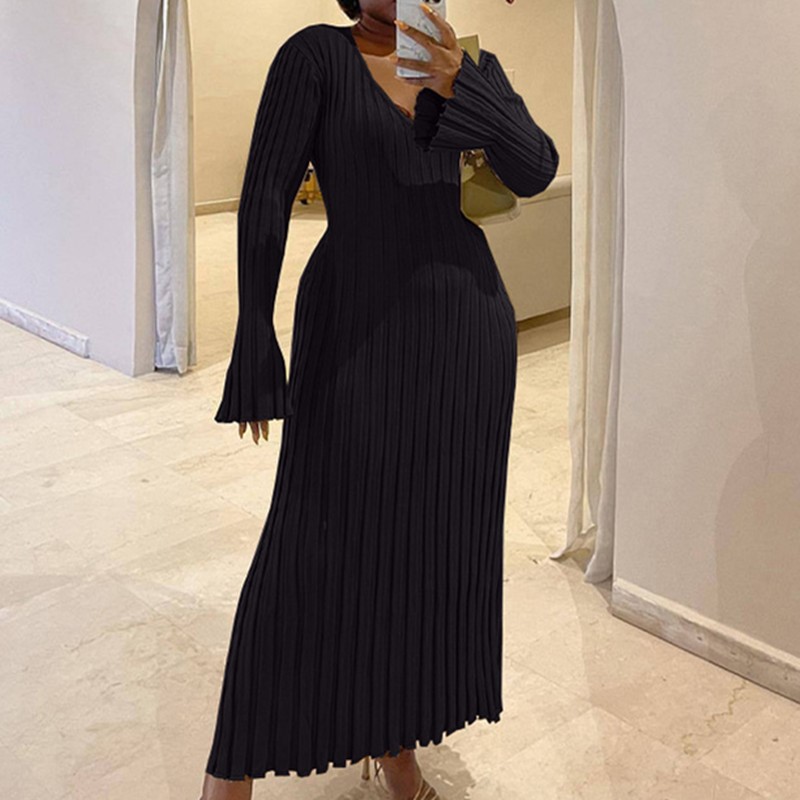 Woman's Autumn V-Neck Knit Ski - Bodycon Long Sleeve Ribbed Dress recension och pris