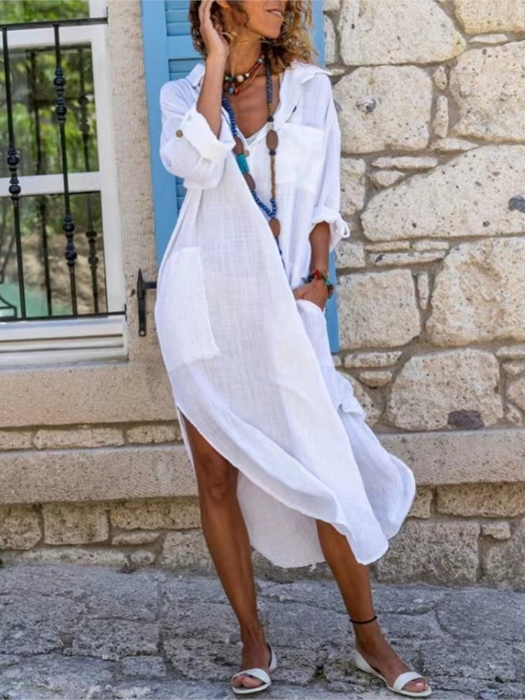 White Women's Shirt Dress Soli - Casual Loose Linen Shirt Dress recension och pris