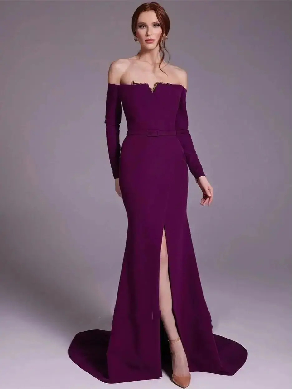Elegant Purple Satin Off-the-s - Elegant Satin Evening Gown Split recension och pris