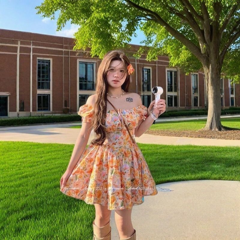 Hotsale Orange Floral Print Of - Off Shoulder Puff Sleeve Sundress recension och pris